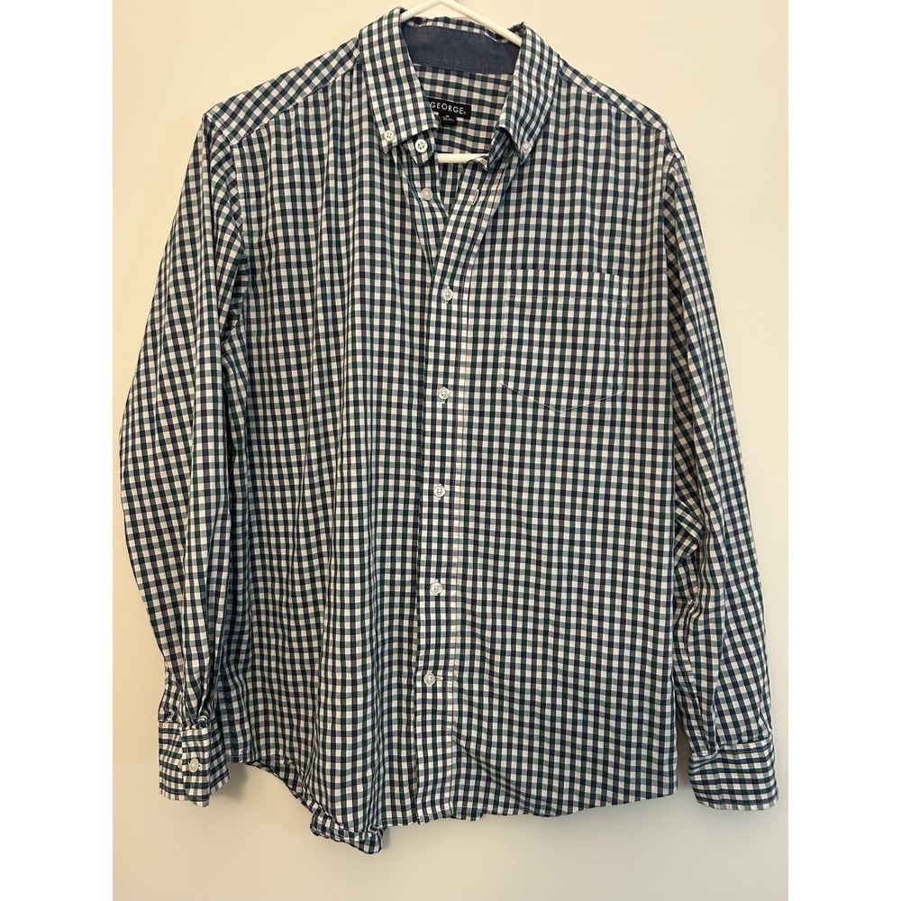 GEORGE Green Blue Plaid Button Down Shirt Long Sleeve Cotton Blend Mens M